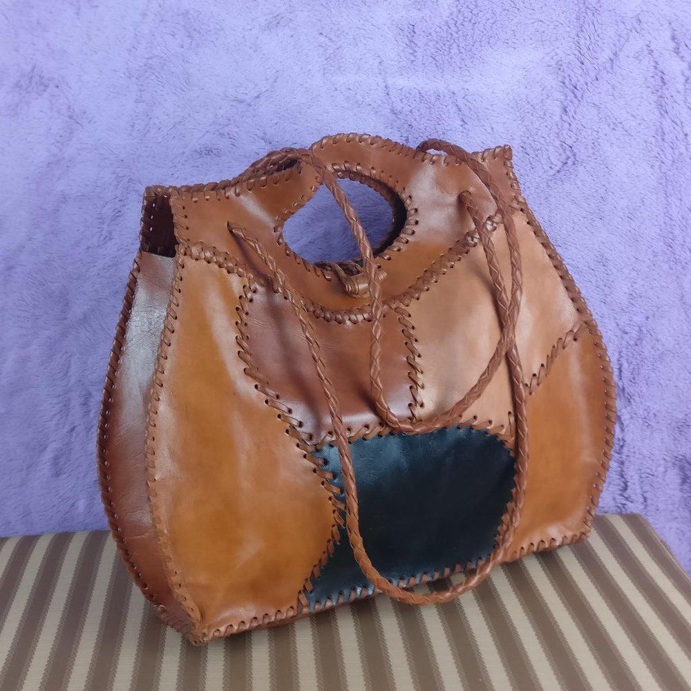 Leather Tote, Shoulder bag, Hobo, Weave/Whipstitch Brown 100% Leather